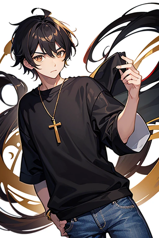 Bennett from Genshin Impact, , black hair, brown eyes, open white sweatshirt, black t-shirt, gold cross necklace, blue jeans, looking in profile directly at viewer, white background