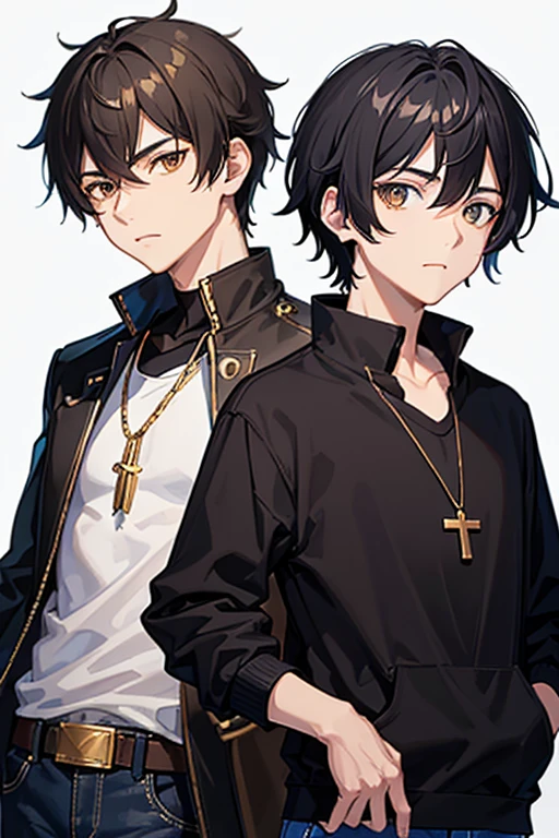 Bennett from Genshin Impact, , black hair, brown eyes, open white sweatshirt, black t-shirt, gold cross necklace, blue jeans, looking in profile directly at viewer, white background