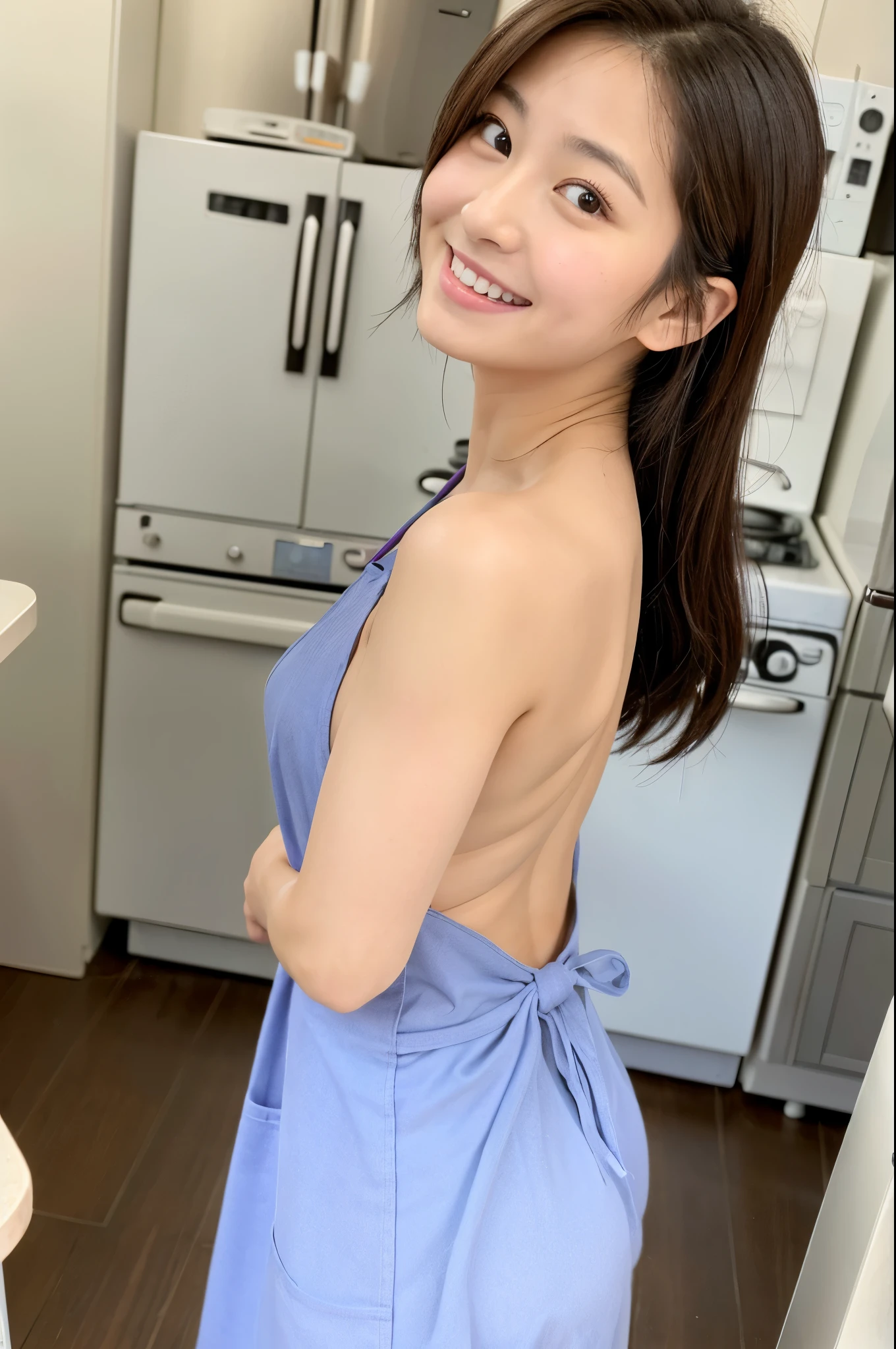 Cute like an idol、Cute and adorable、Woman with a little face、Smiling Kindly、Naked with only an apron on、Naked under the apron、Cleavage、((Back view))、(((I can see her butt through her apron)))、((kitchen))、whole body、Accurate、Anatomically correct、Textured skin、Very detailed、 Attention to detail、Highest quality、High resolution、Genuine、Indistinguishable from live-action、realism、Real Stick、RAW Photos、Genuine、masterpiece