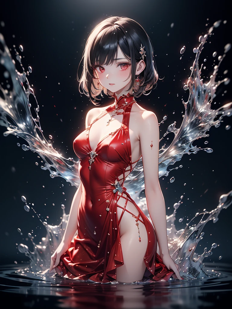 (fluid art),(master piece),(8k anime),high quality,(perfect anatomy),(small breasts),(1 beautiful girl),(solo),(silky black hair),pale skin,beautiful detailed red eyes, (Highly detailed elegant),(fusion dress and water),((fluid dress})),((water skirt)),(water dress),(red water), (red dress),ink splash,red splash,Magical colors and atmosphere, Detailed skin,The background is soft and blurry,Add a dramatic and symbolic element to your scene, Depth of written boundary, Bokeh, Silky to the touch, Hyper Detail,(black background),beautiful blue water,create an ethereal atmosphere like a dream,film lighting,cowboy shot