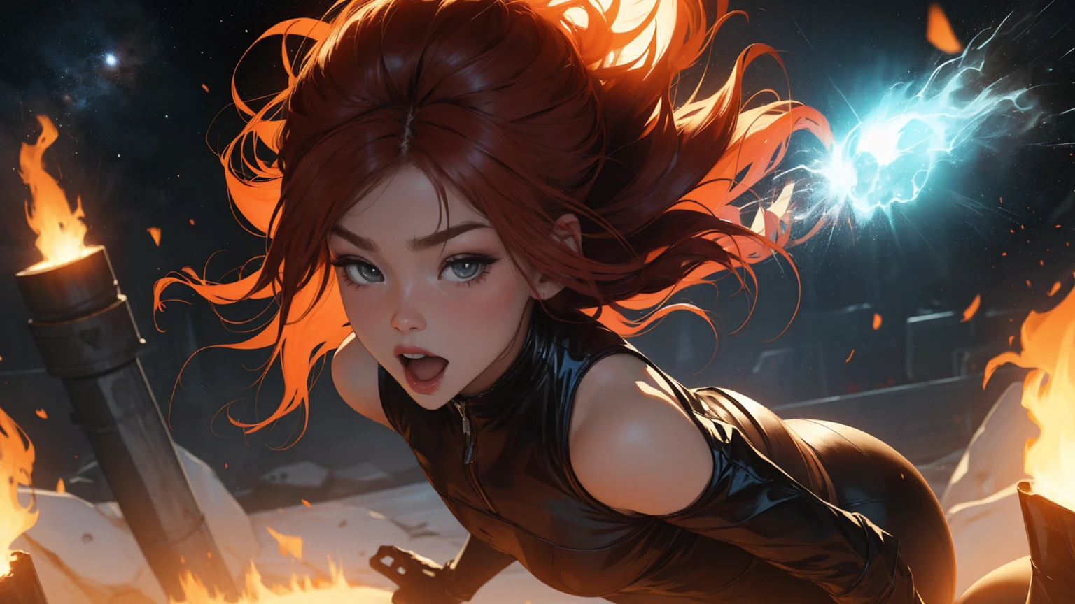 a1 woman，masterpiece, 8K quality, score_9, score_8_highly, score_7_highly,score_6_highly, score_5_highly, score_4_highly , 1 girl, alone,
big ,
DarkphoenixDG,
Long hair, White eyes, Red hair, glowing eyes, no phighlyils, 
yellow sash, skintight, multicoloroter Body, roter Body, Latex, yellow gloves, yellow shoes, high heeled boots, 
space, galaxy, 
open mouth, Half Closed Eyes,
light particles, Magik, ((火)), fiery hair,((pyrokinesis)), swirling 火, surrounded by 火, ,(main part:1.2) whole body.), (Anime Style), (Super Detailed), (brutal), (uhd, HDR), (8k), (High Resolution: 1.2), (Complex and Beautiful: 1.2), cowboy shot, brilliant, brilliant hair, (night:1.2),Dreamy, [[gentle fingers and hands:0.55]::0.85],(detailed fingers),),(emotional),(breathtaking),(main part:1.2) whole body.), (Anime Style), (Super Detailed), (brutal), (uhd, HDR), (8k), (High Resolution: 1.2), (Complex and Beautiful: 1.2), [[gentle fingers and hands:0.55]::0.85],(detailed fingers),),(emotional),(breathtaking),(main part:1.2) whole body.), (Anime Style), (Super Detailed), (brutal), (uhd, HDR), (8k), (High Resolution: 1.2), (Complex and Beautiful: 1.2)
