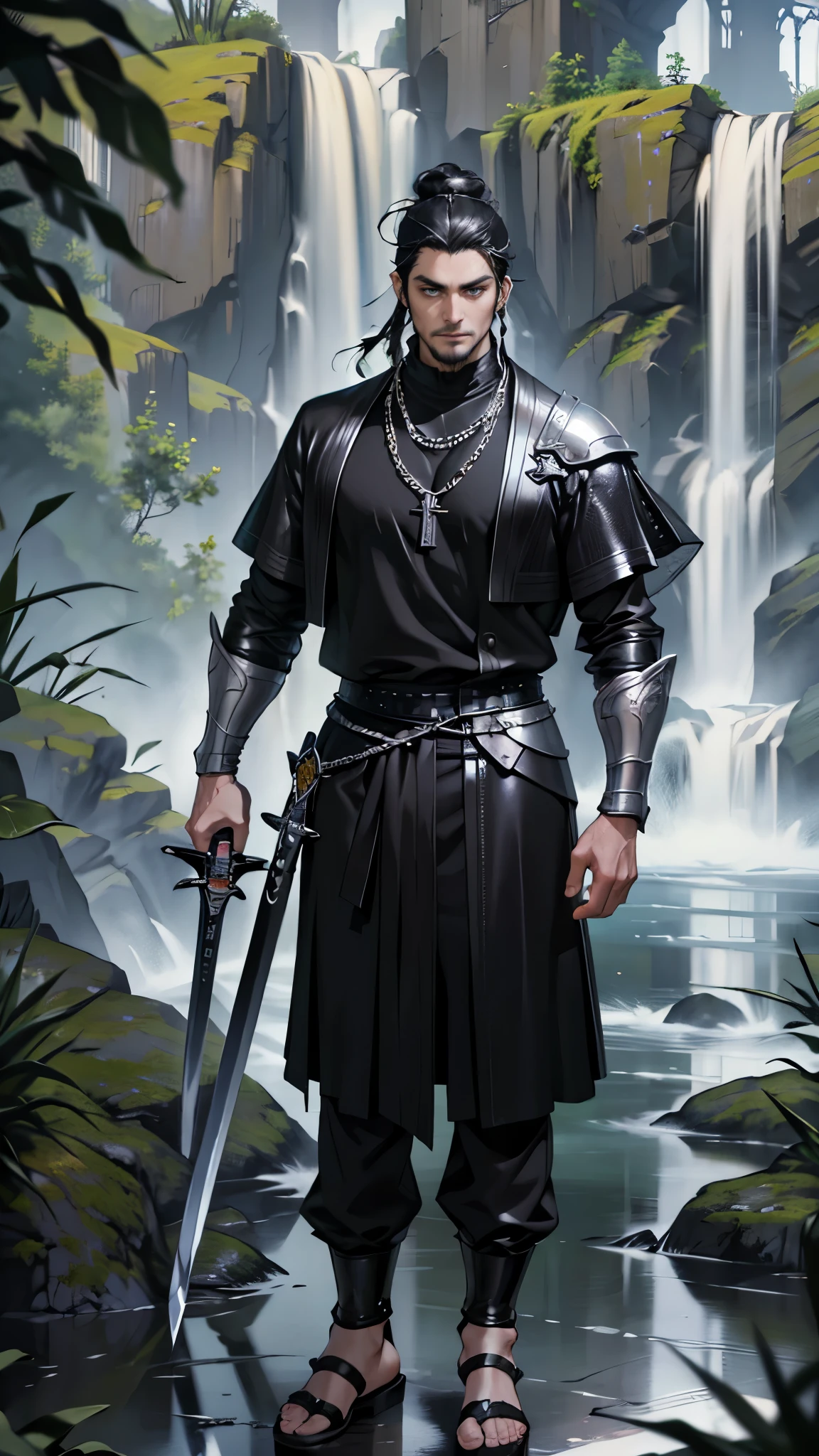 masterpiece, ultra detailed, 8K Portrait, Raw photo, man's portrait photography, full body, Highly detailed face, ((Fantasy)), 1 man, (((daring middle aged man))), Adult cool, 35 years old, 175cm, (((king))), Tight eyes, (((black topknot hair))), (((black chain mail))), leather soled sandals, ((equip a long sword)), Midnight Moon, Hyper realistic, Strong body, by the water fall, Ambient lighting, Shadow details , Camera focus on face, strong breeze, Light fog