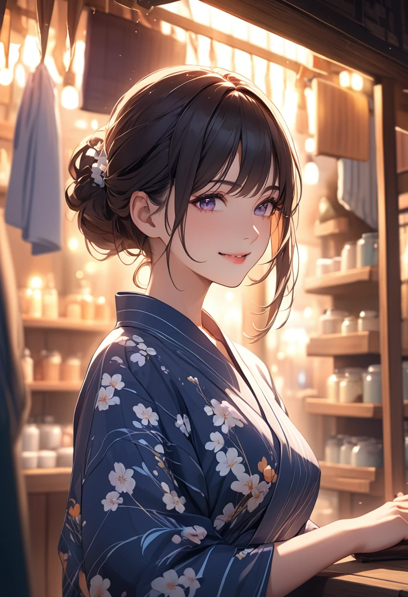 (masterpiece:1.5),(Beat quality),(high res),1girl solo,beautiful face,smile(shining eyes),upper body,light effects,Yukata Woman,stall