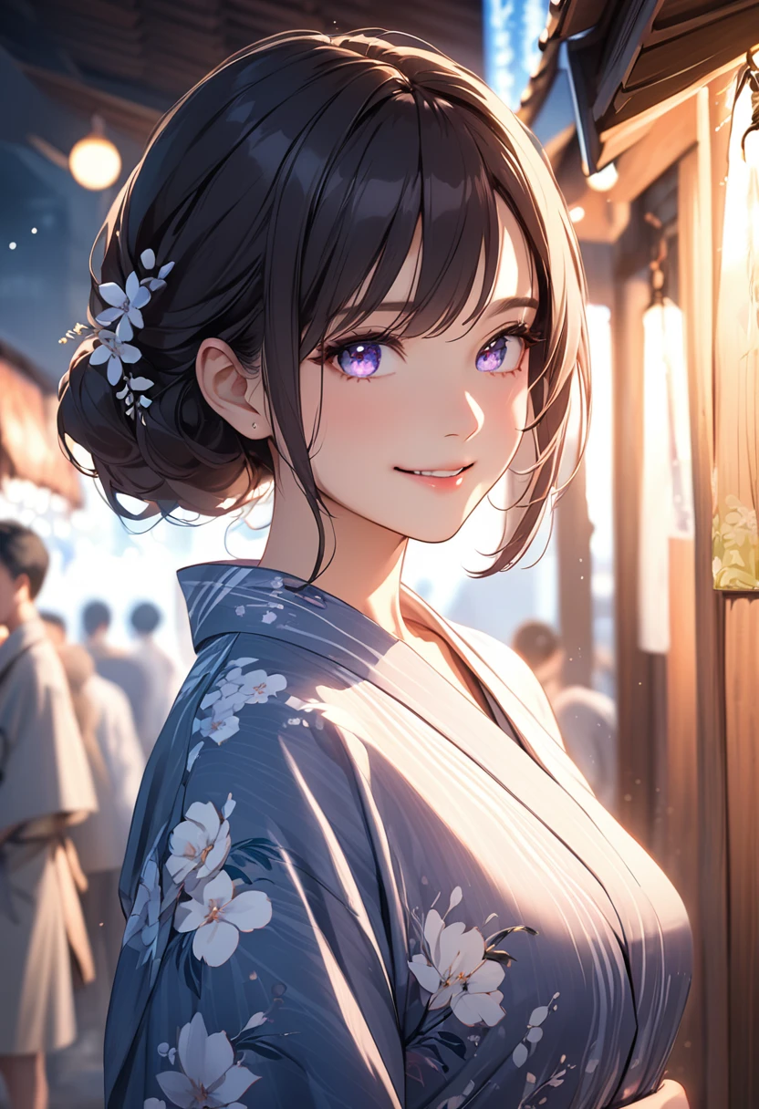 (masterpiece:1.5),(Beat quality),(high res),1girl solo,beautiful face,smile(shining eyes),upper body,light effects,Yukata Woman,stall