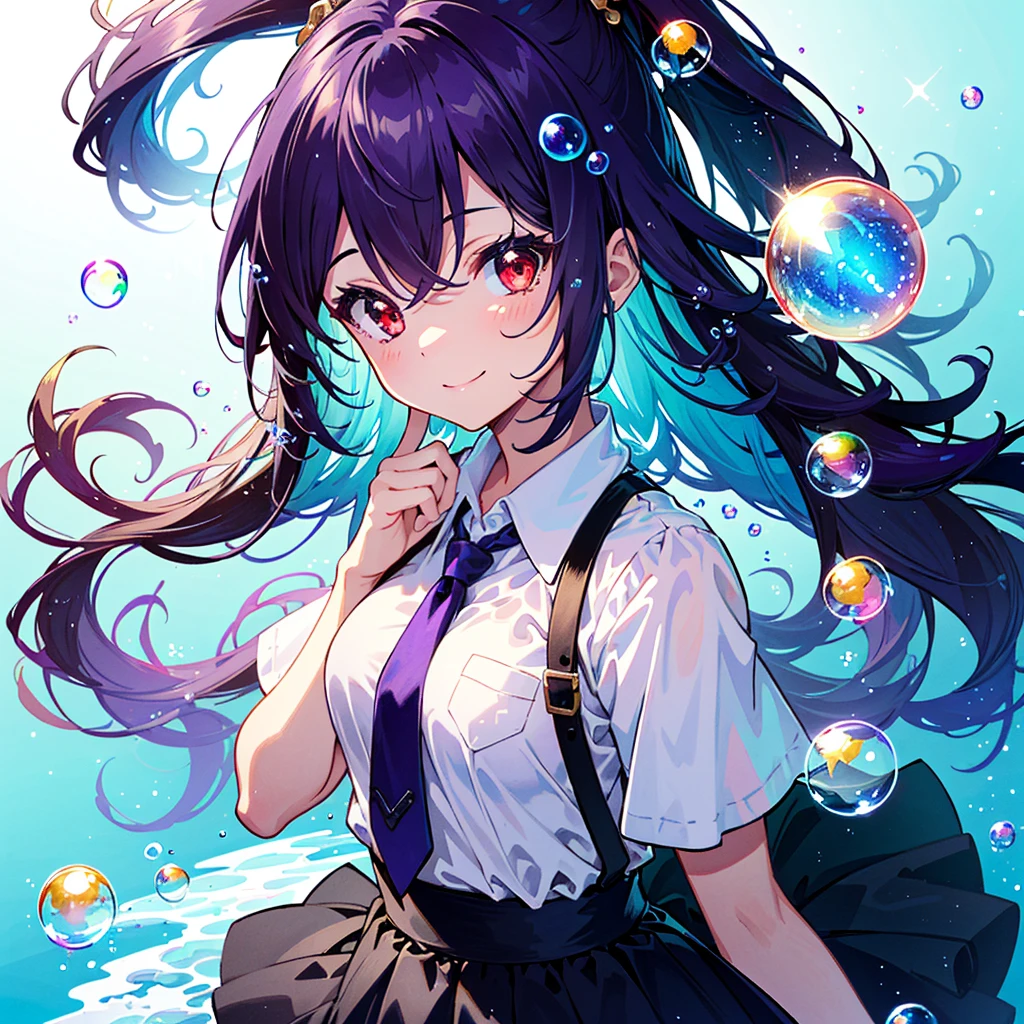 (best quality, masterpiece, ultra-detailed, illustration), 1girl, (dark purple hair:1.3), long hair, (red eyes:1.3), eyes highlight, small breasts, Short-sleeved school white shirt, tie, skirt, soap bubbles, colorful sparkling bubbles, bubbles, large bubbles, small bubbles, light blue background,:1.3, smile,