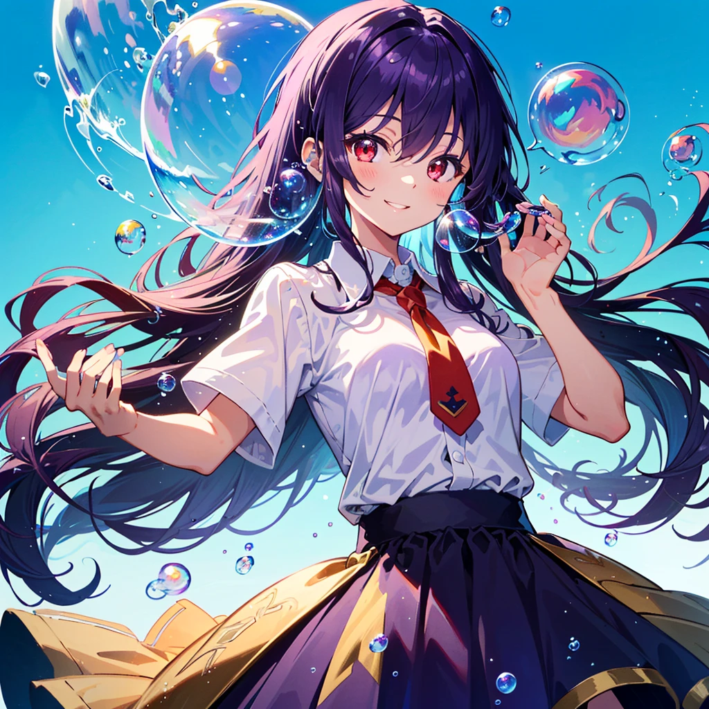 (best quality, masterpiece, ultra-detailed, illustration), 1girl, (dark purple hair:1.3), long hair, (red eyes:1.3), eyes highlight, small breasts, Short-sleeved school white shirt, tie, skirt, soap bubbles, colorful sparkling bubbles, bubbles, large bubbles, small bubbles, light blue background,:1.3, smile,