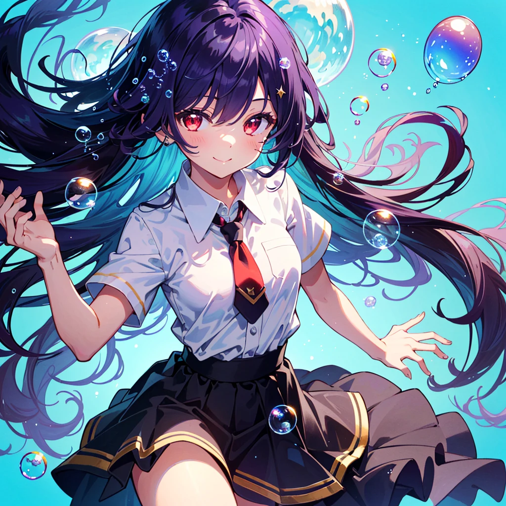 (best quality, masterpiece, ultra-detailed, illustration), 1girl, (dark purple hair:1.3), long hair, (red eyes:1.3), eyes highlight, small breasts, Short-sleeved school white shirt, tie, skirt, soap bubbles, colorful sparkling bubbles, bubbles, large bubbles, small bubbles, light blue background,:1.3, smile,