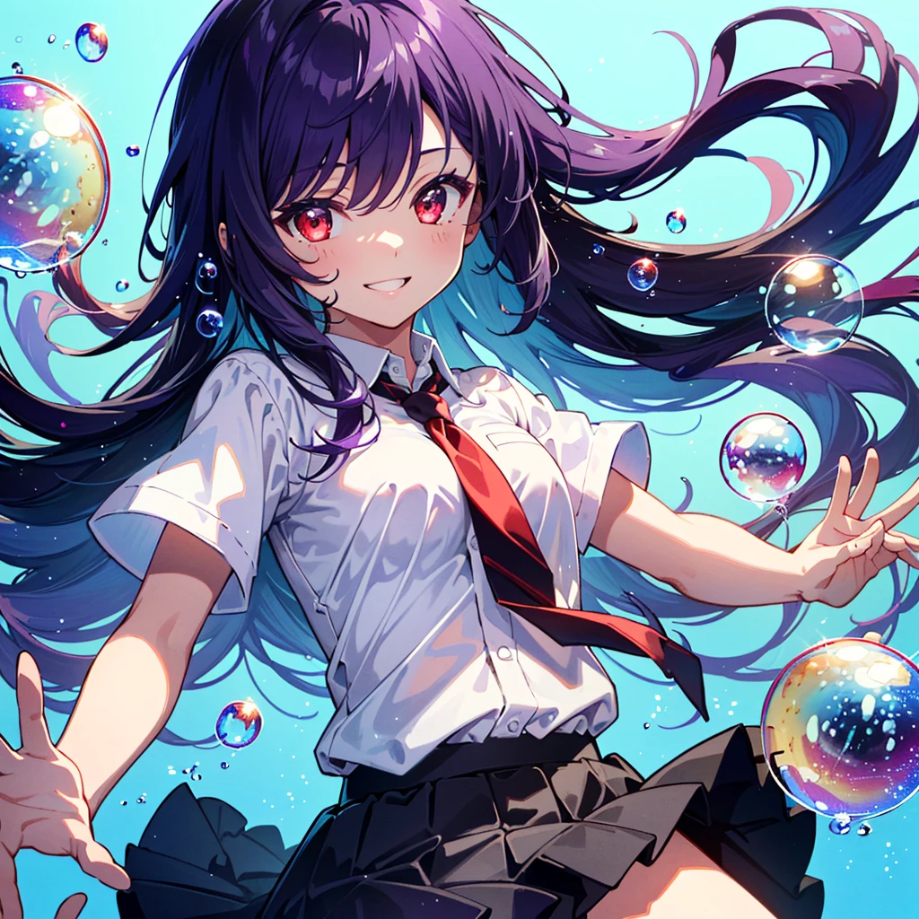 (best quality, masterpiece, ultra-detailed, illustration), 1girl, (dark purple hair:1.3), long hair, (red eyes:1.3), eyes highlight, small breasts, Short-sleeved school white shirt, tie, skirt, soap bubbles, colorful sparkling bubbles, bubbles, large bubbles, small bubbles, light blue background,:1.3, smile,