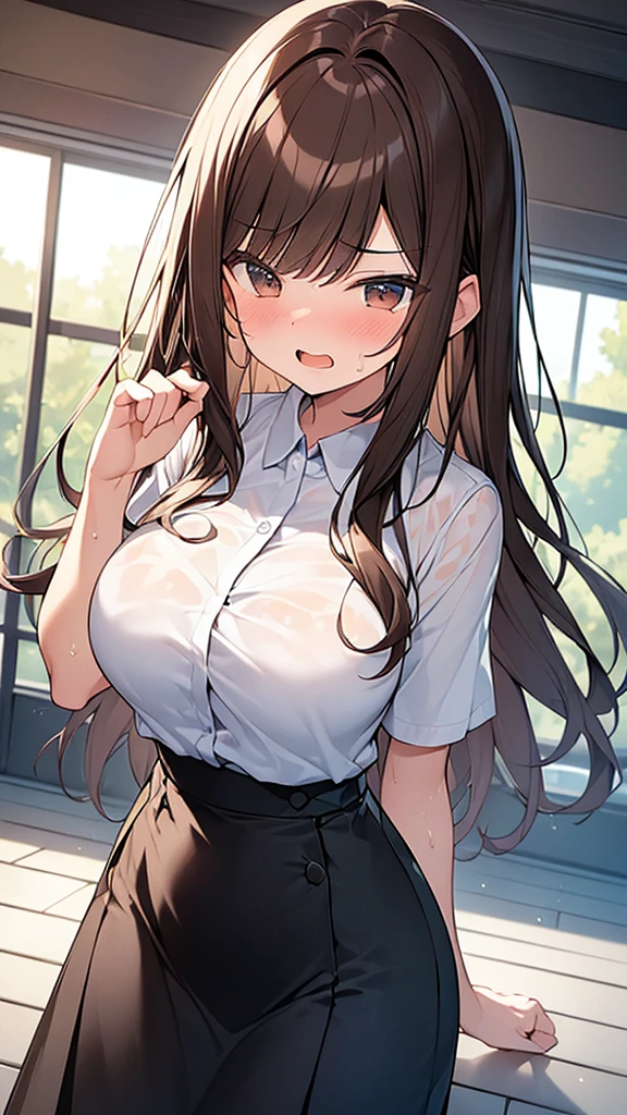 (Masterpiece, Top quality: 1.5), (1 girl, solo :1.2),  (cute design short-sleeved shirt, midi skirt:1.4), (large breasts:1.4), standard weight, (brown hair:1.4), (airy hair, wavy hair:1.3), long hair ,asymmetry bangs, swept bangs, 12 year old, angry:1.4, (flustered:1.3), sexual climax:1.3, beautiful scene of outdoor, dynamic pose, magnificent panorama view, wet:1.1, open mouth