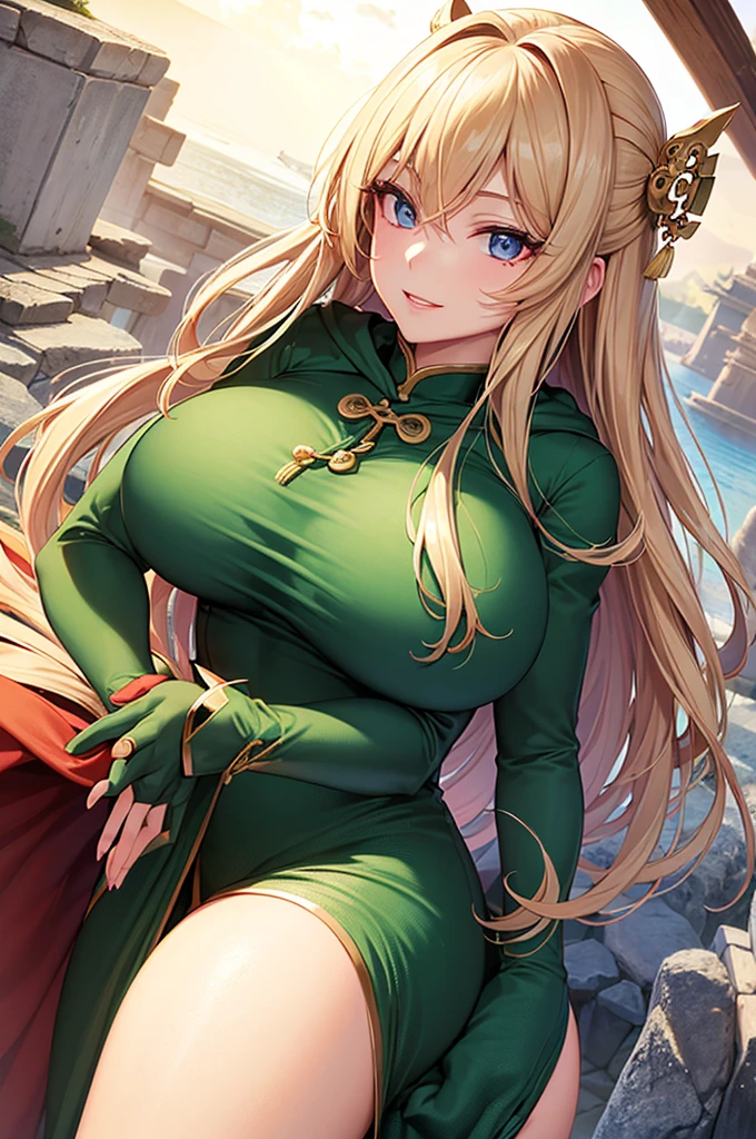 (Art: 1.2), (best quality: 1.2) 1 woman, mature, tall (1.85), She appeared to be around 28 years old, had long golden hair, straight and shiny hair, see bleu eyes, extremely detailed, perfect eyes , extremely realistic eyes, well-aligned eyes, long eyelashes, anime style, perfect face, milf face, full lips, smiling, mature, clear skin, natural body, sexy body, MILF body, hands on waist, perfect hands, detailed hands, hands well proportioned to the body, realistic hands, arms with good anatomy, she wore an immortal chinees oriental style green dress with a green cape and a hood, the dress still couldn't hide her extremely large and huge breasts that were hanging down due to her size, thick thighs, wide hips, Looking at the viewer, background scenery, scenery at a Chinese viewpoint on the edge of a lake, in the background posing the setting sun, alone Looking at the viewer
