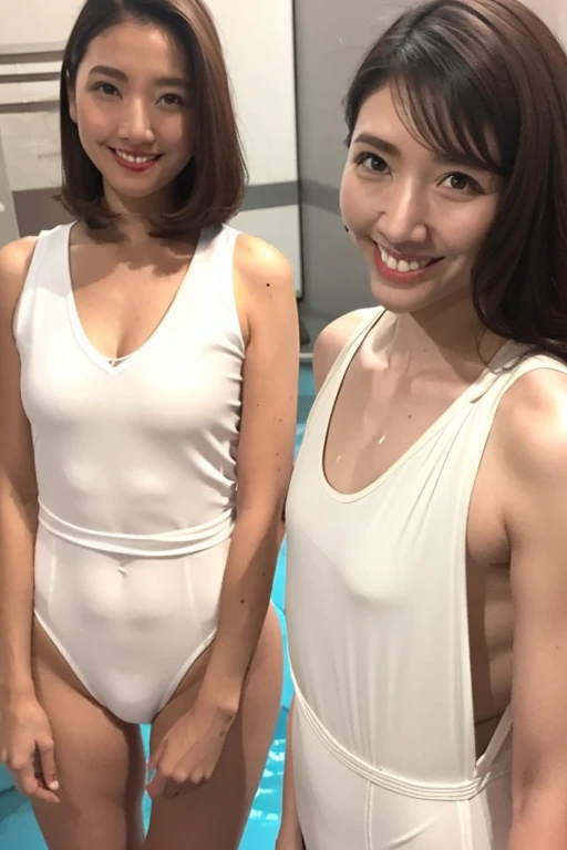 gorgeous woman, 1 girl, white onepiece swimsuit:1.2, skinny, healthy, perfect body:1.2, abs:1.1,  Gold hair:1.400, Rain Wet, wet body:1.2, night pool room:1.6, ultra-detailed face, detailed lips, detailed eyes, double eyelids, pubic hair, black skin, trimmed bangs, shy smile, (best quality,8k,masterpiece:1.3)  Frontal and full-body shot Pussy line 開脚