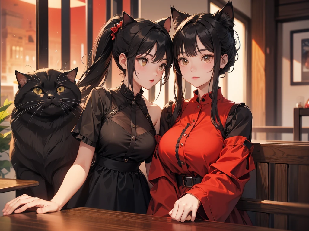 Big Breasts、Cool Girl、Black Hair、High ponytail hairstyle、red clothes、Black Shirt、Dress freely、Brown tabby cat、Cat Ear Pose、evening、super high quality