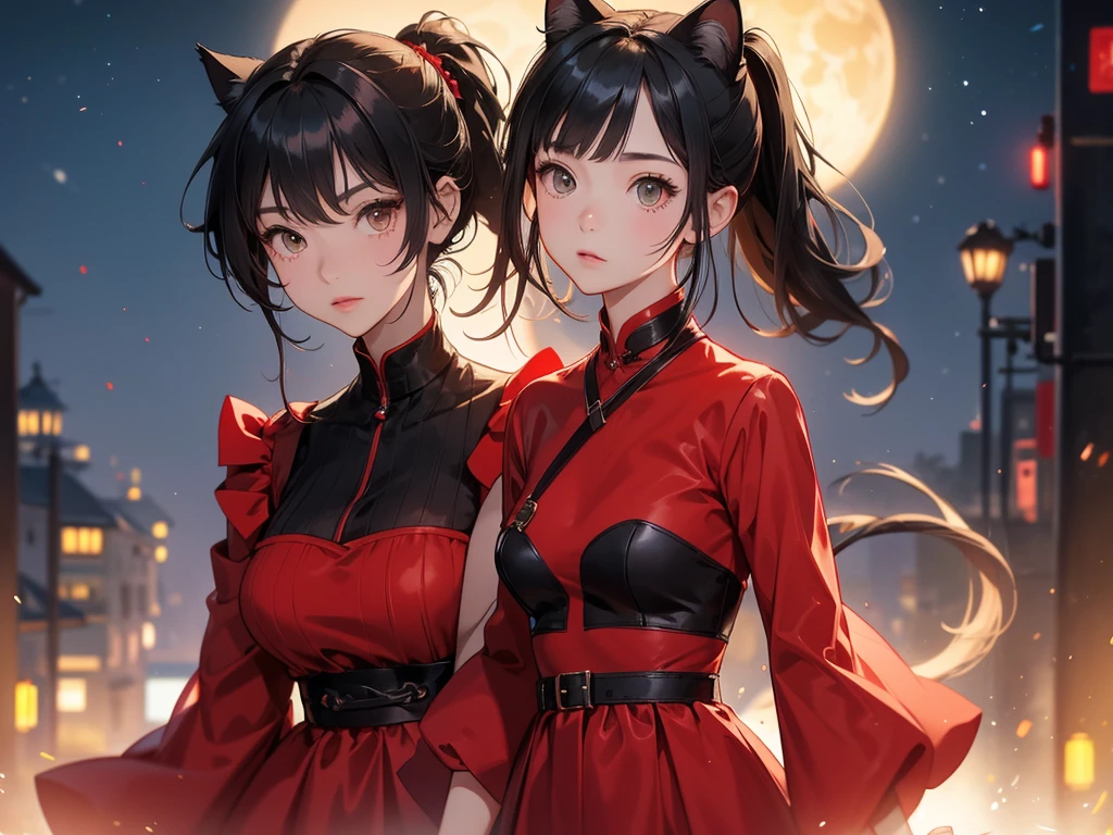 Big Breasts、Cool Girl、Black Hair、High ponytail hairstyle、red clothes、Black Shirt、Dress freely、Brown tabby cat、Cat Ear Pose、evening、super high quality