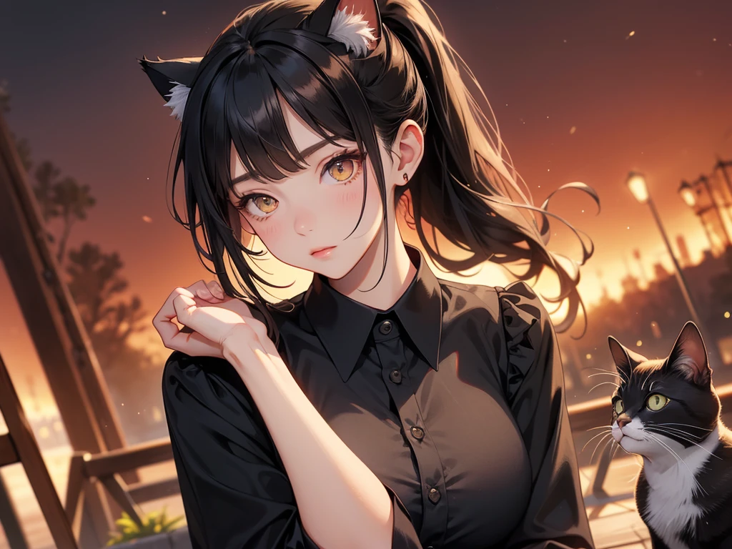 Big Breasts、Cool Girl、Black Hair、High ponytail hairstyle、red clothes、Black Shirt、Dress freely、Brown tabby cat、Cat Ear Pose、evening、super high quality
