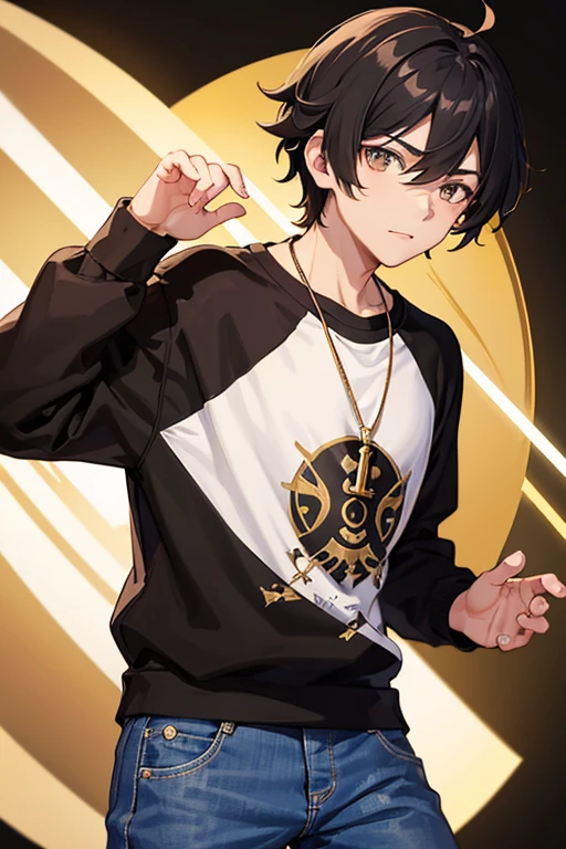 Bennett from Genshin Impact, 16 years old, black hair, brown eyes, open white sweatshirt, black t-shirt, gold cross necklace, blue jeans, looking in profile directly at viewer, white background