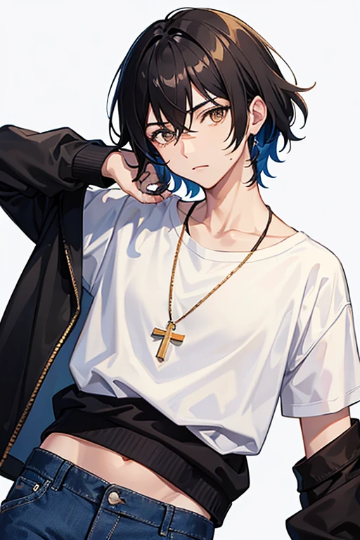 Bennett from Genshin Impact, , black hair, brown eyes, open white sweatshirt, black t-shirt, gold cross necklace, blue jeans, looking in profile directly at viewer, white background