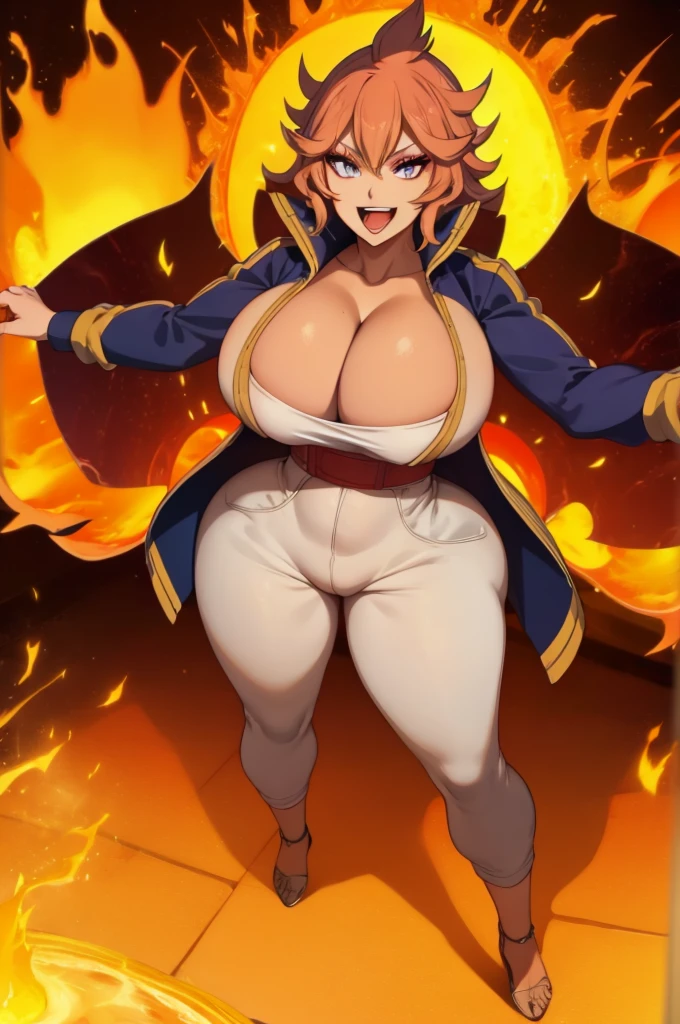 best quality mereoleona fang, 1girl, solo, short hair, smile, full body standing, foreshortening, teeth, open mouth smile, grimoire (swirling fire:1.1) (explosion:1.2), clenched hands, spread arms, :D , from above, looking up, meroutfit4, blue jacket, long jacket, open clothes, white shirt, white pants, red sash, gold trim, popped collar, cleavage, lava floor , thick outlines, thick lineart