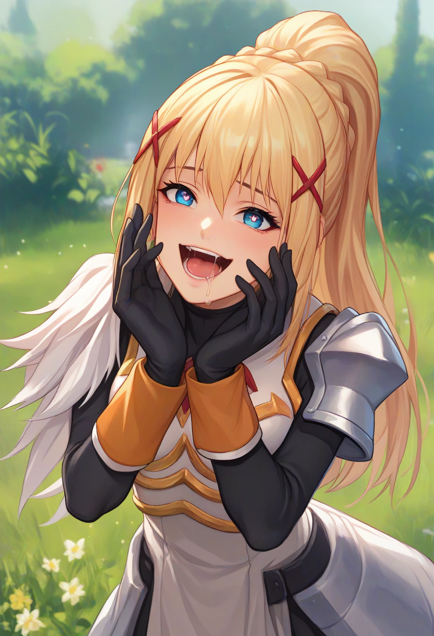 score_9, score_8_up, score_7_up, source_anime, solo, 1girl, ksdarkness, happy, looking at viewer, saliva, hands on own face, braid, ponytail, x hair ornament, heart-shaped pupils, armored dress, shoulder armor, breastplate, bodysuit, black gloves, outdoors 