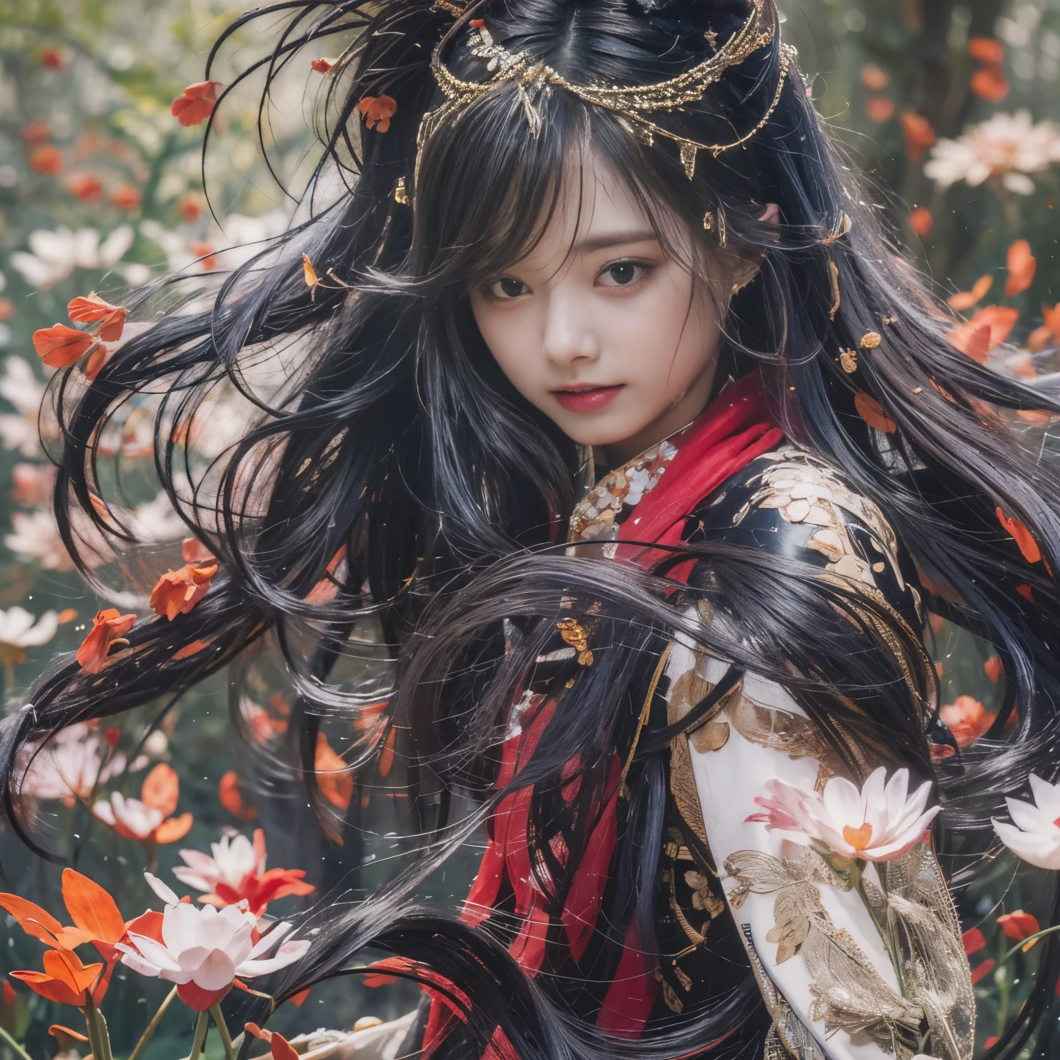 32K（masterpiece，k hd，hyper hd，32K）long flowing black hair，pond，flower， color， Tongzhou people （soul girl）， （Red silk scarf）， battle stance， Looking at the ground， long gray hair， floating hair， carp pattern headdress， Chinese Long Sleeve Clothing， （abstract ink stains：1.2）， 분홍color flower잎 배경，분홍color과 흰color 연flower이 날아다닌다（In reality：1.4），검은 color 머리카락，Fallen leaves are fluttering，The background is pure.， high resolution， Detail， RAW photographer， sharp ash， Nikon D850 film stock photo: Jefferies Lee 4 Kodak Portra 400 카메라 F1.6 shots, 풍부한 color상, Very realistic vivid textures, dramatic lighting, Unreal Engine Art Station Trends, Sinestyr 800，long flowing black hair，denim skirt