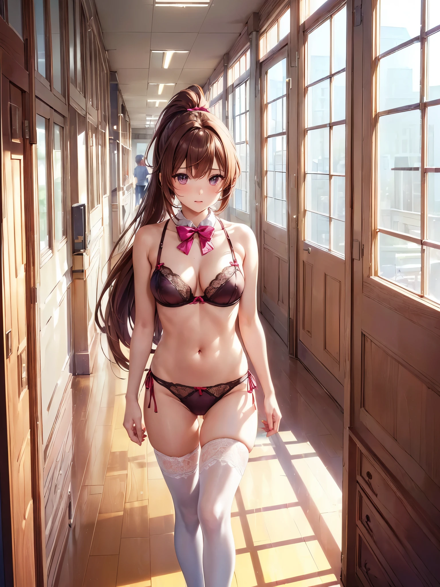 (((masterpiece, Highest quality, High resolution, 超High resolution, Perfect Pixel, Depth of written boundary, 4K, RTTX 10.0))), Beautiful Anime Woman, Beautiful art style, Anime characters, ((Smooth texture, Realistic texture, Anime CG Style)), Perfect and accurate finger count、Exact number of legs、(Exact number of arms:1.0, Exact number of hands:1.0), (Perfect hands, Perfect Anatomy), Cinematic, Realistic, Extremely detailed CG, Daytime lighting, Perfect lighting, Best Shadow, The best natural light, whole body, Perfect body, バランスのとれたPerfect body, Perfectly balanced style, Soft body, Slender body, ((bangs, Reddish brown hair, Long Hair, ponytail)), ((A cute adult woman is walking:1.8)), ((Bow tie around neck:1.3), (Sexy and cute magenta underwear:1.3), (Stylish shiny magenta satin panties, Side-tie panties, Panties with plain magenta center and lace decoration on the sides:1.3), (Magenta Micro Lace Satin Bra, Magenta bra with oversized lace trim around the edges:1.3), (Knee-high socks:1.3):1.4), (Beautiful big boobs:1.1), (Embarrassed expression:1.5), blush, (School corridor, Corridor with windows, Long corridor, In the background, there are many male students walking., The boys are paying attention to the girls:1.7), naked, In underwear, Only bra, panties and knee socks, School shoes, Angle from below the front