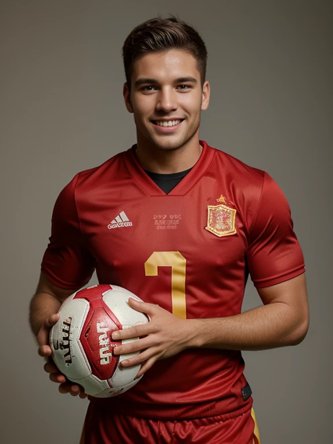 Handsome male football player, 27 years, Spanish appearance, dressed in a red football uniform, posing with a soccer ball in his hand, smiling, Beautiful, waist-length photo, football photography, studio lighting, excellent quality