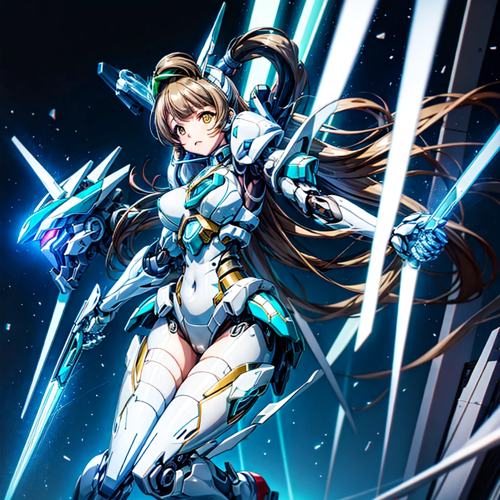 masterpiece, high quality, Minami Kotori has been turned into a cyborg with a mechanical body.、Surgery to convert to a gynoid cyborg body with exposed mechanical parts、Blue and white leotard-type mechanical armor、The whole body from the neck down is precision-machined.、The internal machinery is visible、With limbs open、Single image、Full-body shot from the front