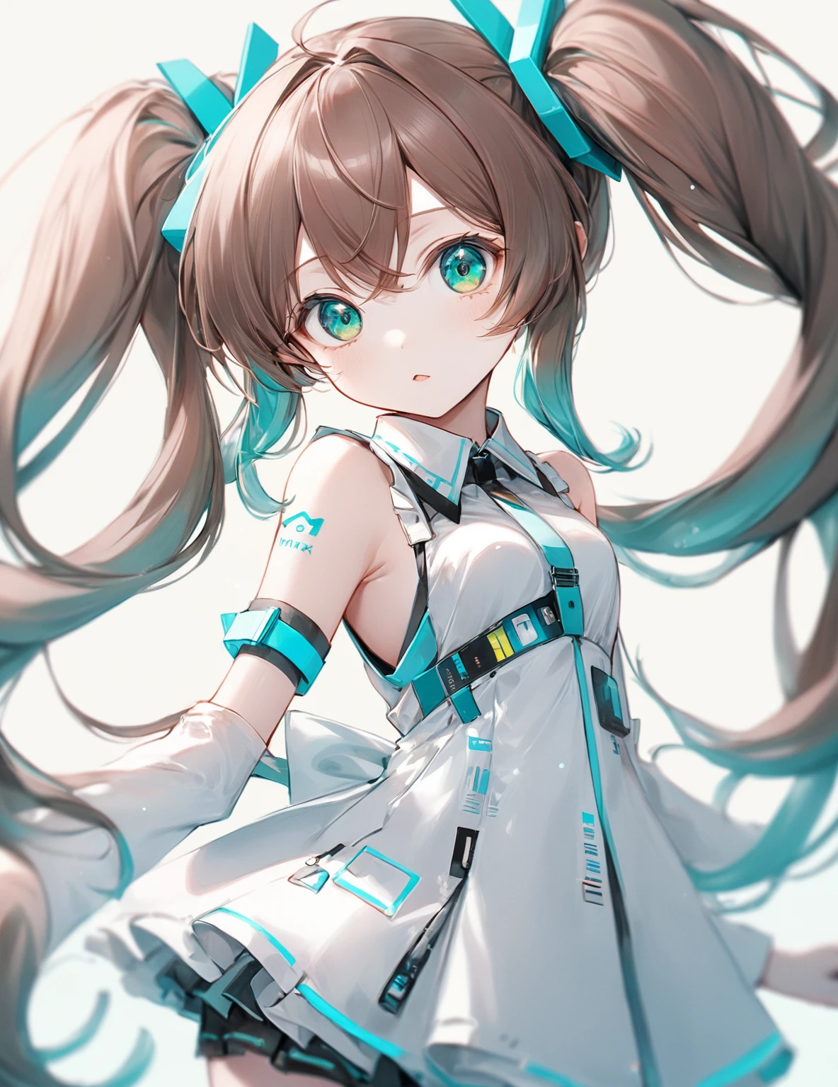 (Highest quality,8k,32K,masterpiece,Ultra-high resolution :1.2 ),born,One girl,Super cute,Natural light,Clear, shining eyes,20-year-old,Fair skin,Electronic world fantasy background,Brown Hair,Hatsune Miku,Hatsune Miku髪の色,Hair color between green and blue,Twin tails