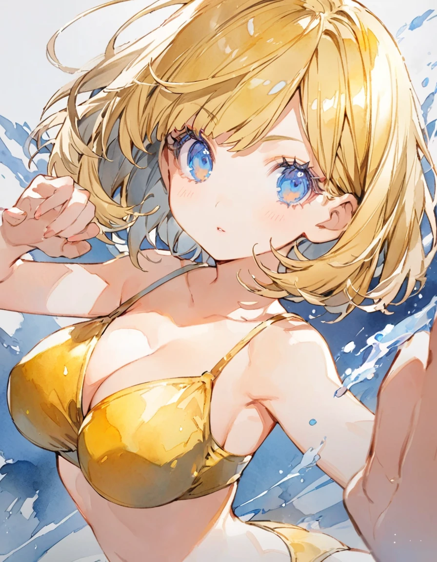 A super-fast punch　Official art using hand-painted watercolor techniques,Golden ?????? girl　Transverse ????? (Little Girl:1.5)(Small body) (blonde:1.5）(eyelash:1.2) (Short Bob Hair:1.4), (Blue eyes)(???????????:1.3)
