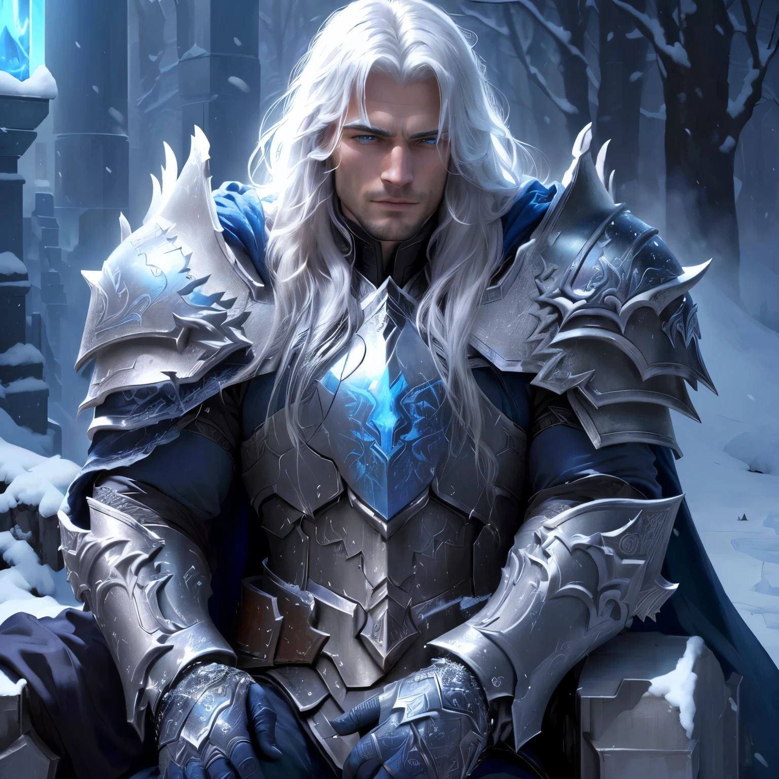 arafed image of a man dressed in armor sitting on a bench, arthas, arthas menethil, henry cavill as arthas menethil, blue eyes