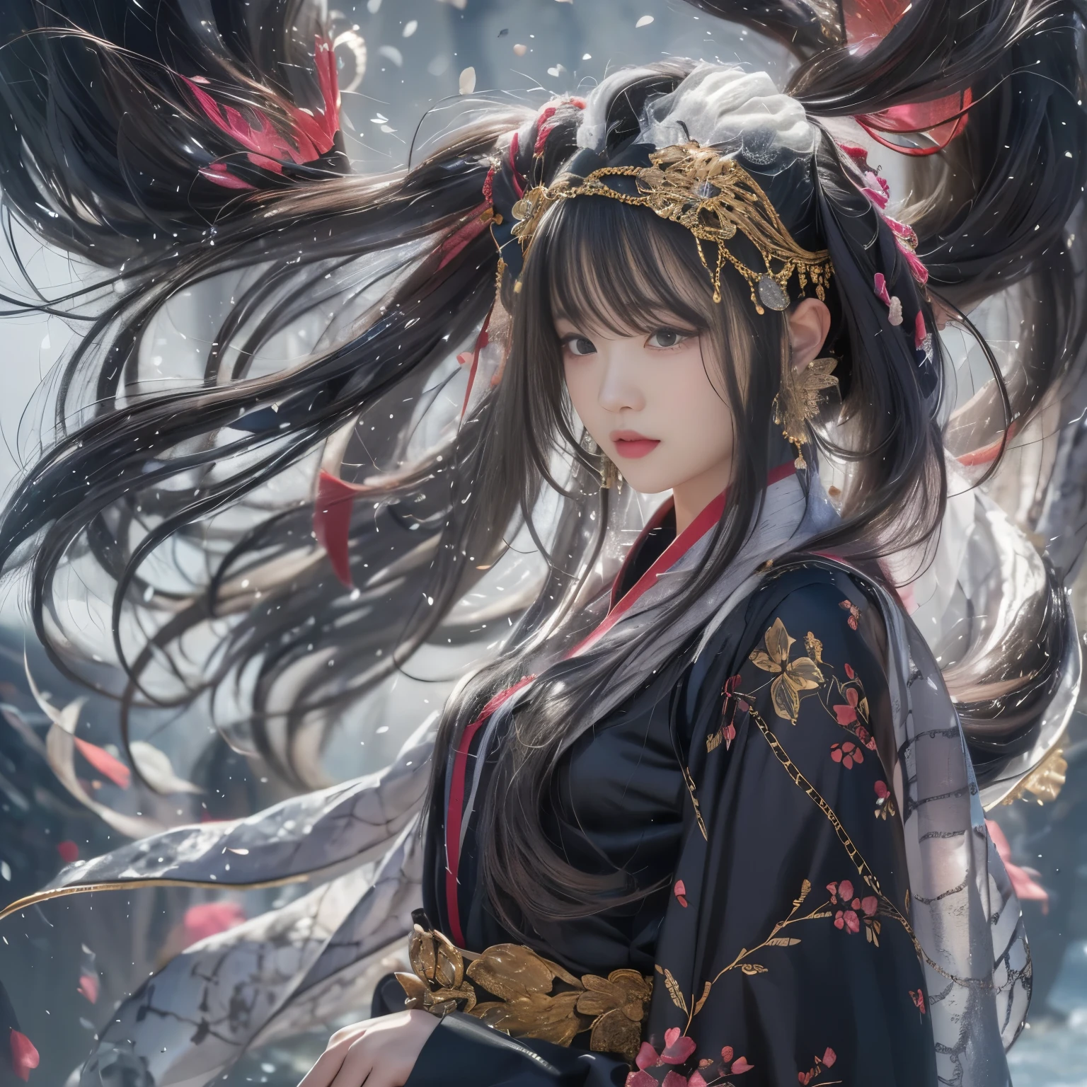 32K(masterpiece,k hd,hyper hd,32K)long flowing black hair,pond,flower, color, Asian (stupid girl), (silk scarf), battle stance, Looking at the ground, long gray hair, floating hair, python headdress, Chinese Long Sleeve Clothing, (abstract ink stains:1.2), 흰color 배경,연flower 수호자(In reality:1.4),검은 color 머리카락,snowflakes flutter,The background is pure., high resolution, Detail, RAW photographer, sharp ash, Nikon D850 film stock photo: Jefferies Lee 4 Kodak Portra 400 카메라 F1.6 shots, 풍부한 color상, Very realistic vivid textures, dramatic lighting, Unreal Engine Art Station Trends, Sinestyr 800,long flowing black hair