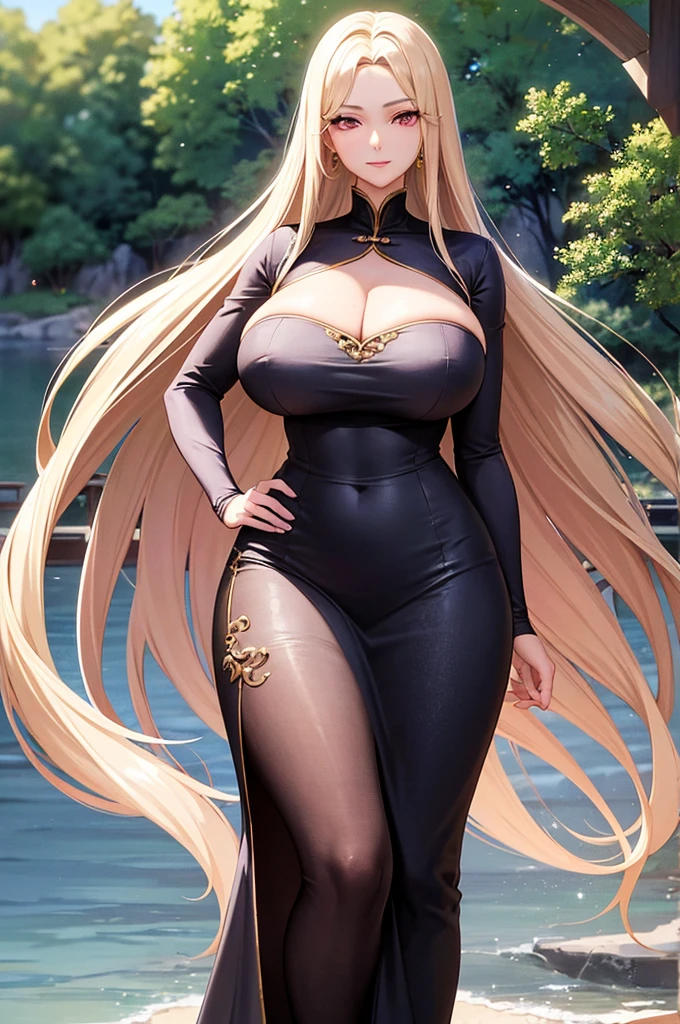 (Art: 1.2), (best quality: 1.2) 1 woman, mature, tall (1.85), She appeared to be around 28 years old, had long golden hair, straight and shiny hair, blood red eyes, extremely detailed, perfect eyes , extremely realistic eyes, well-aligned eyes, long eyelashes, anime style, perfect face, milf face, full lips, smiling, mature, clear skin, natural body, sexy body, MILF body, hands on waist, perfect hands, detailed hands, hands well proportioned to the body, realistic hands, arms with good anatomy, she wore an immortal Chinese oriental style golden dress, the dress still couldn't hide her extremely large and huge breasts that were hanging down due to her size, thick thighs, wide hips, Looking at the viewer, background scenery, scenery at a Chinese viewpoint on the edge of a lake, in the background posing the setting sun, alone Looking at the viewer