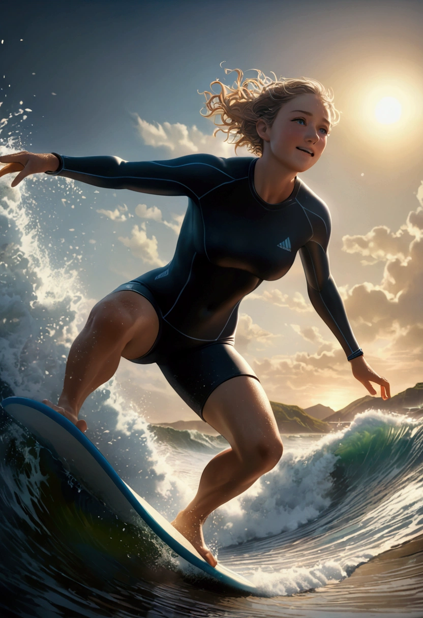 (Ultra-realistic Surfing), wearing Professional sportswear, in the style of playful cartoon illustration, realistic, hyper-detailed rendering, interactive media, joyful chaos, delicate chromatics, captivating chiaroscuro, dynamic movement, (special effects:0.1), full body, award-winning, cinematic still, emotional, vignette, dynamic, vivid, (masterpiece, best quality, photorealistic, Professional, perfect composition, very aesthetic, absurdres, ultra-detailed, intricate details:1.3)