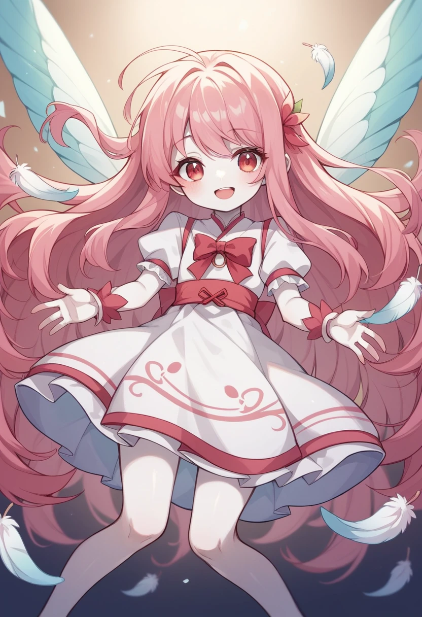 Cherry Blossom Fairy、Cherry Blossom Feather、Pale pink long hair、A dignified appearance、god々fly in the sky、White skin like a young girl、Bright Sky、Cute Smile、like、hope、The beginning of a new era、Beautiful cherry-colored eyes、