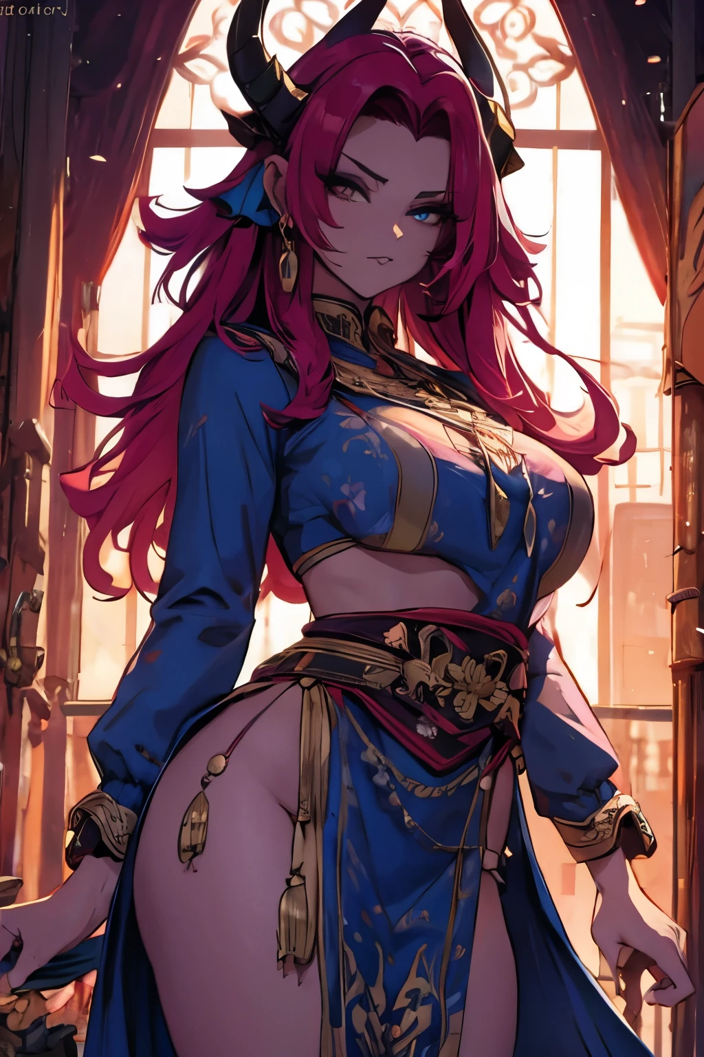 ((work of art)), ((best qualityer)), dark colours, good anatomy, gorgeous eyes, ((detailed face)), An adult beautiful woman (30years) with purple colored skin with very thin fire horns starting from the front of the forehead, red hair of burning fire, with baggy clothes style oriental rpg world, perfect human eyes, perfectbody, work of art, best qualityer, (full viwer), bottom clean.