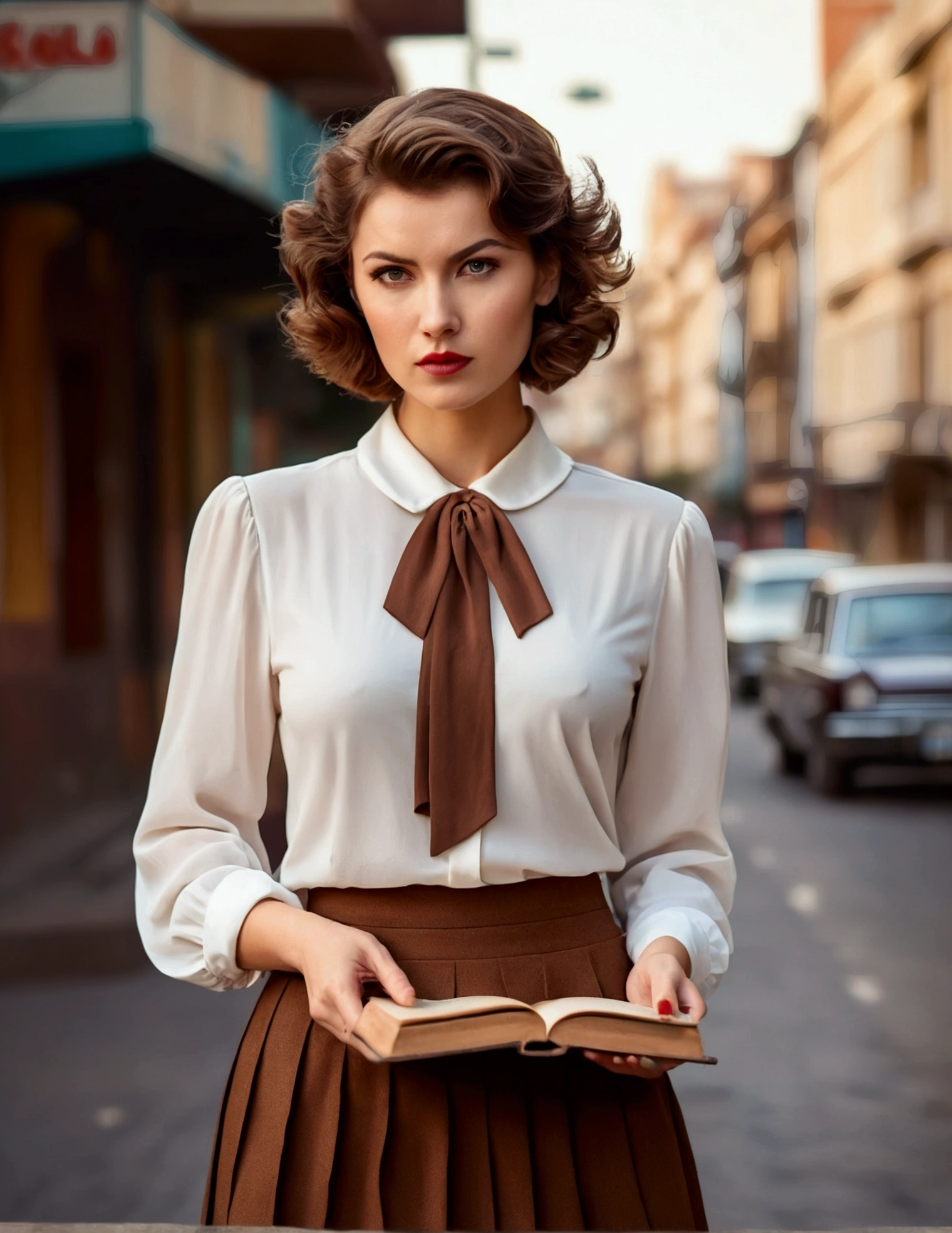 retro style woman, short and wavy hair, white blouse and brown retro skirt, keeps book open, serious look, street background, half length shot, bokeh style, top quality photo