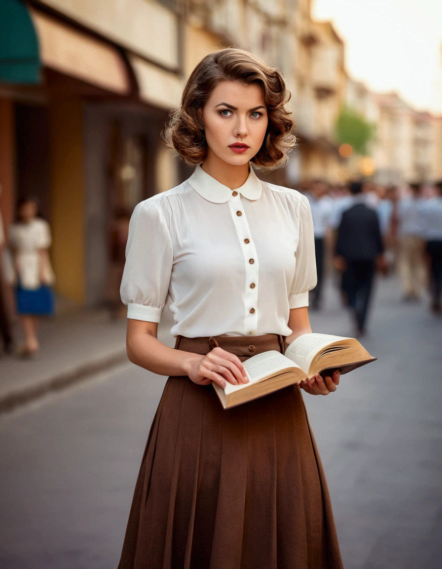 retro style woman, short and wavy hair, white blouse and brown retro skirt, keeps book open, serious look, street background, half length shot, bokeh style, top quality photo
