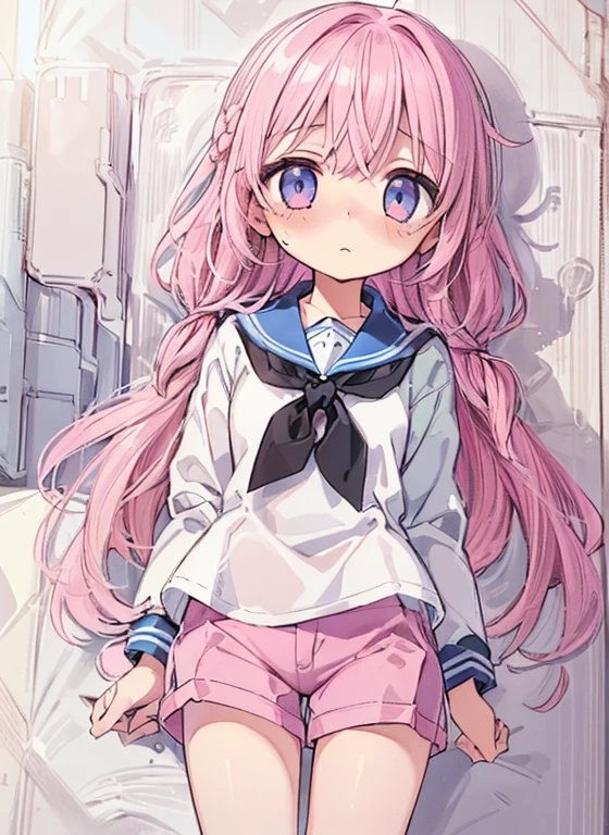 Beautiful illustrations, Highest quality, (12-year-old girl:1.4)、(pretty girl:1.5)、 girl、Flat Chest、Sailor collar、(White long tunic:1.4)、Long sleeve sailor suit、Blue-line cuffs、(Pink Chino Shorts:1.7)、(Pink shorts with wide openings:1.6)、Gap between thigh and shorts、Thin thighs、White socks、 Cinema Lighting, (Pink long hair)、Pink Straight Hair、Redness on the cheeks、(Braiding of the back of the head)