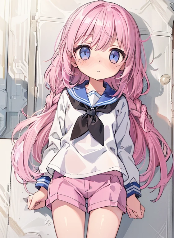 Beautiful illustrations, Highest quality, (12-year-old girl:1.4)、(pretty girl:1.5)、 girl、Flat Chest、Sailor collar、(White long tunic:1.4)、Long sleeve sailor suit、Blue-line cuffs、(Pink Chino Shorts:1.7)、(Pink shorts with wide openings:1.6)、Gap between thigh and shorts、Thin thighs、White socks、 Cinema Lighting, (Pink long hair)、Pink Straight Hair、Redness on the cheeks、(Braiding of the back of the head)