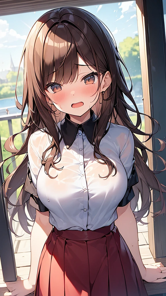 (Masterpiece, Top quality: 1.5), (1 girl, solo :1.2),  (cute design short-sleeved shirt, midi skirt:1.4), (large breasts:1.4), standard weight, (brown hair:1.4), (airy hair, wavy hair:1.3), long hair ,asymmetry bangs, swept bangs, 12 year old, angry:1.4, (flustered:1.3), sexual climax:1.3, beautiful scene of outdoor, dynamic pose, magnificent panorama view, wet:1.1, open mouth