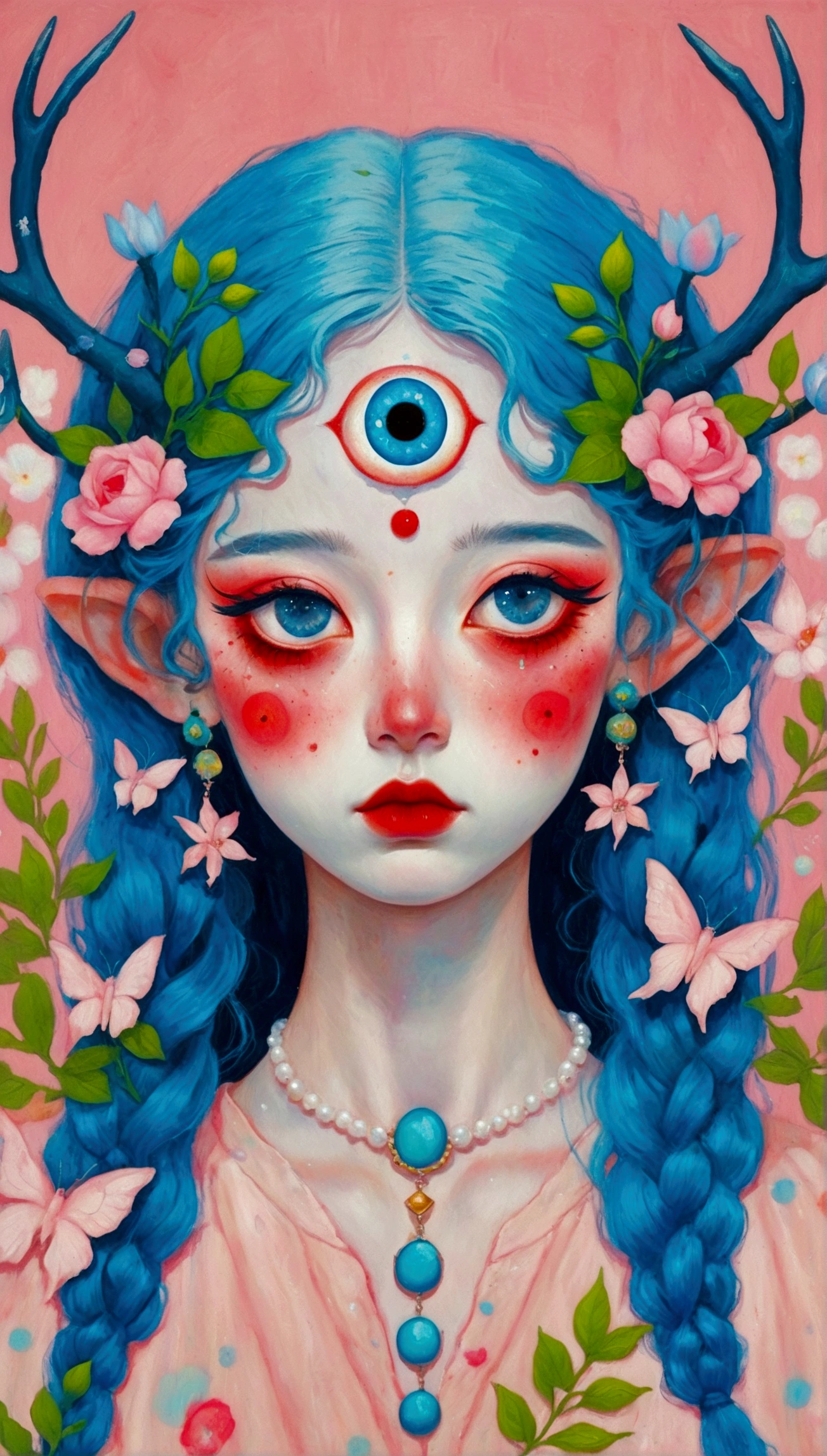 Pastel Art：The painting shows a woman with blue hair and blue eyes，Elf ears，Gorgeous pink cute antlers，Exquisite accessories，Surrounded by flowers, Nandor Katona (Soldier Nándor) Surrealism, Winner of the Behance competition, Pop surrealism, Pop surrealism lowbrow art style, lowbrow Pop surrealism, japanese Pop surrealism, Third Eye Vision, Star-studded eyes, 