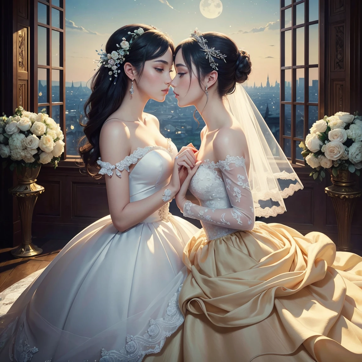 (masterpiece, highest quality, official art, beauty and aesthetic:1.5), (perfect anatomy, perfect hands), two stunning bride is deeply in love with each other, kiss, romantic atmosphere, flower and moon, magnificent panorama view