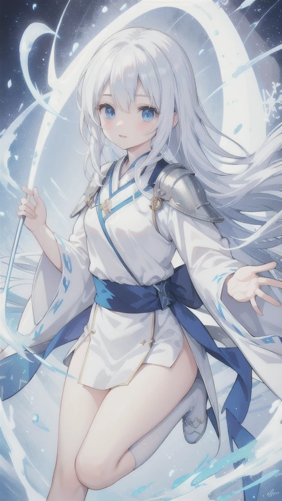 snow white hair,blue eyes,White Hanfu,ice silver armor,frozen dragon wings