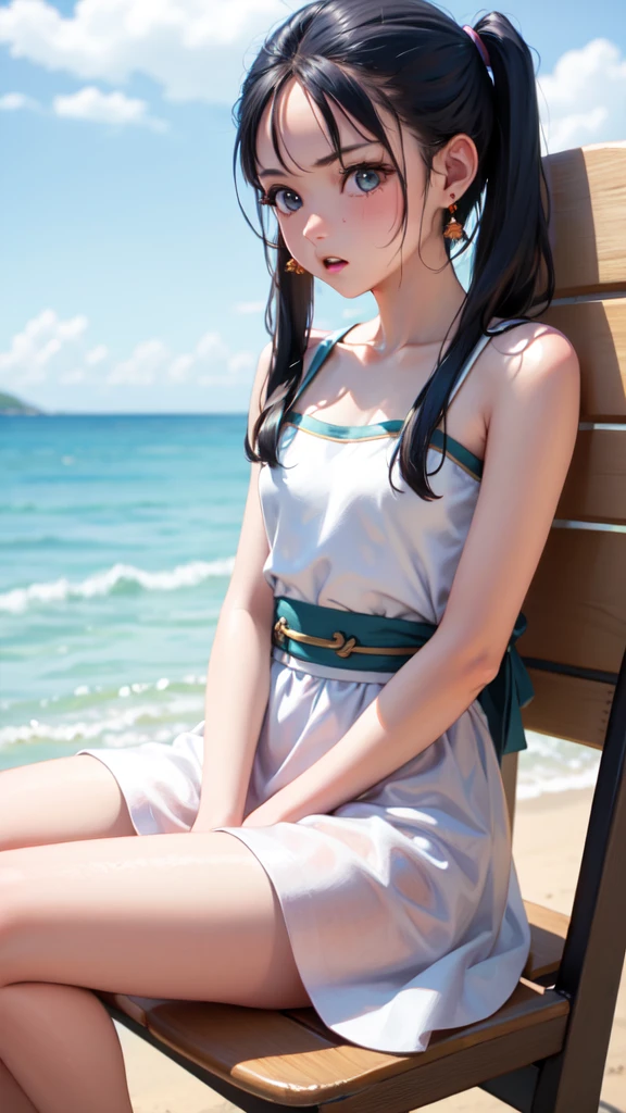 Masterpiece, best quality, earrings, white dress, black hair, small breasts, girl, upper body, hot, sweating, sitting on chair, pigtails, looking at camera, sea, summer, facing forward, legs spread, angry