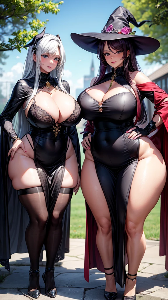 High detailed, 2 girls, big busty, firm plump, witch clothes, matching hairstyles, matching clothes, matching physique, jewels, posing together