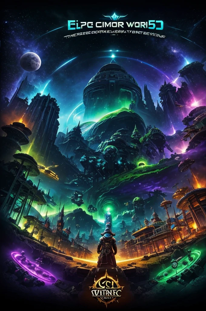 An image of an epic video game world with controls and controllers with the title "Epic five" that it be a cosmic world and that it is not green or with earth that you see more dark colors, I would like to see video game controllers, among us, ludo