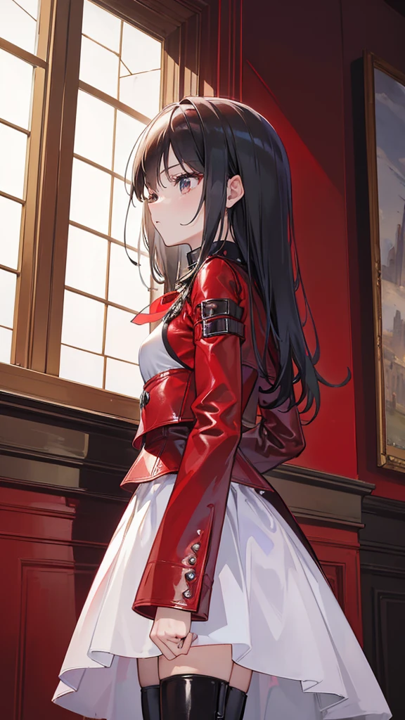 ((Best masterpiece, Perfect quality, Ultra detailed)), ((Profile)), A skinny slender girl with small bust, Wearing a red leather med-coat, Wearing a white y-shirt with red tie, Wearing a gathered black fabric skirt, Wearing a black leather over-knee long-boots, Antique world, European interior