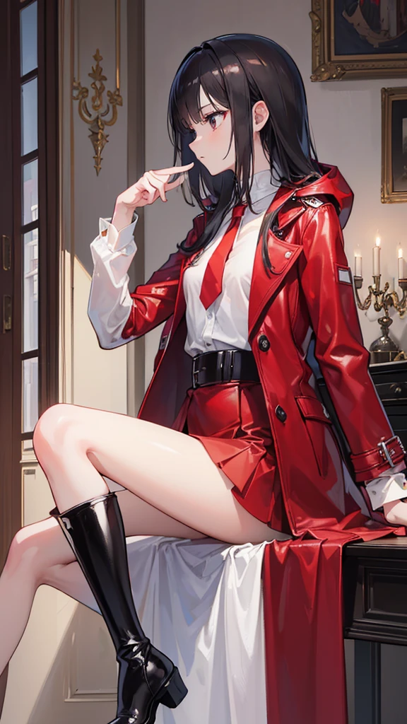 ((Best masterpiece, Perfect quality, Ultra detailed)), ((Profile)), A skinny slender girl with small bust, Wearing a red leather med-coat, Wearing a white y-shirt with red tie, Wearing a gathered black fabric skirt, Wearing a black leather over-knee long-boots, Antique world, European interior