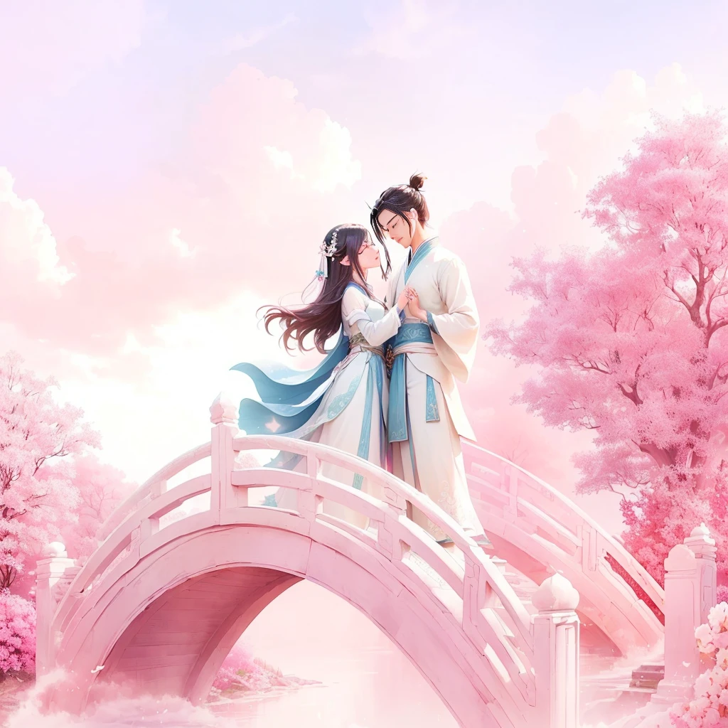 A couple stands on a bridge in the park, A beautiful artistic illustration, xianxia fantasy, Lying in the fairyland on the white clouds, Chinese Fantasy, romantic情侣, Fairy tale style background, 男孩 女孩 传统 romantic, Cute couple, sha xi, Beautiful digital artwork, Dōjin works, romantic, in the white clouds fairyland, Beautiful digital art, Beautiful fantasy