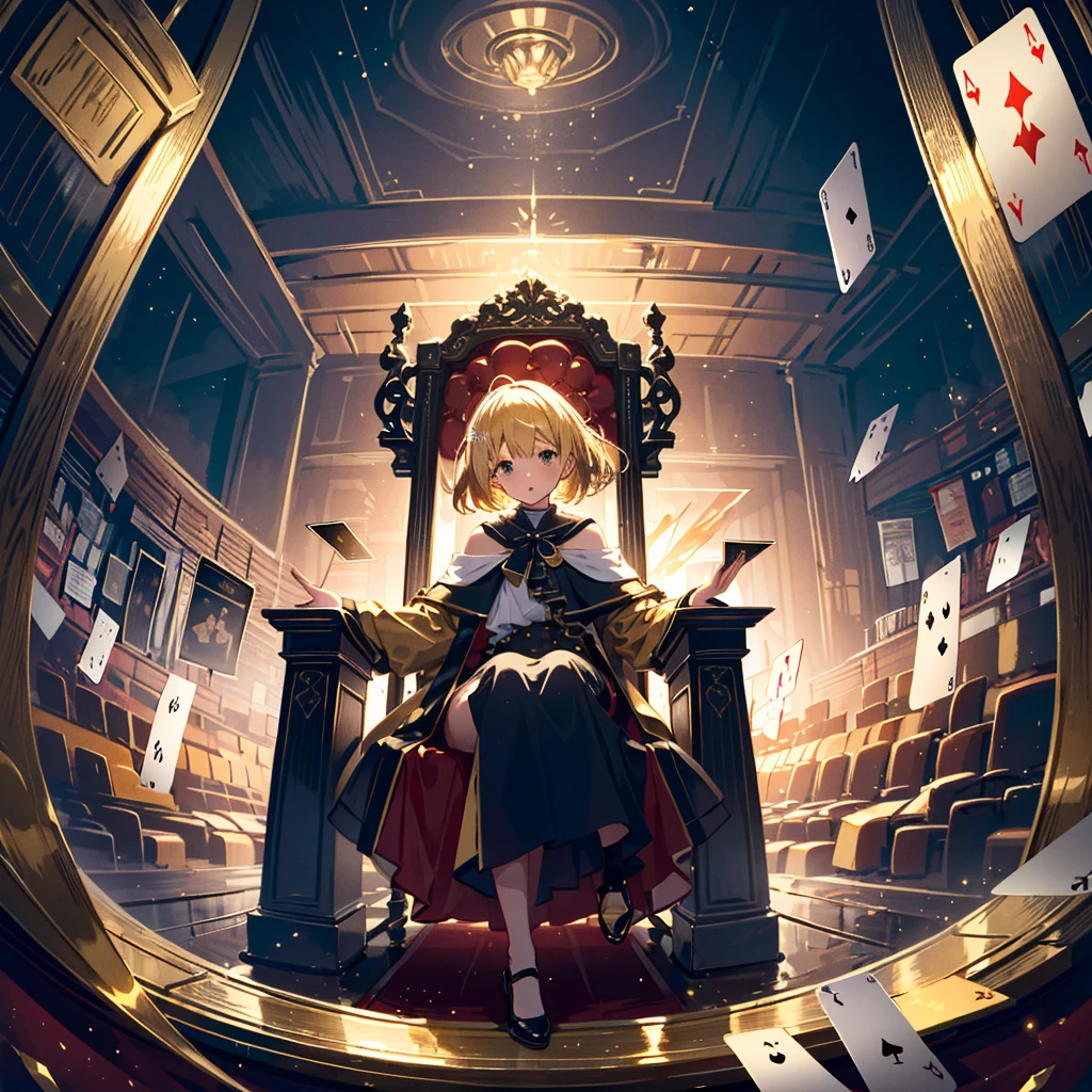 1girl, mysterious spaces,red and gold colors,card vortex,sit in a chair and float in the air , blonde hair,