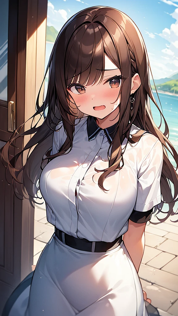 (Masterpiece, Top quality: 1.5), (1 girl, solo :1.2),  (cute design short-sleeved shirt, midi skirt:1.4), (large breasts:1.4), standard weight, (brown hair:1.4), (airy hair, wavy hair:1.3), long hair ,asymmetry bangs, swept bangs, , angry:1.4, (flustered:1.3), sexual climax:1.3, beautiful scene of outdoor, dynamic pose, magnificent panorama view, wet:1.1, open mouth